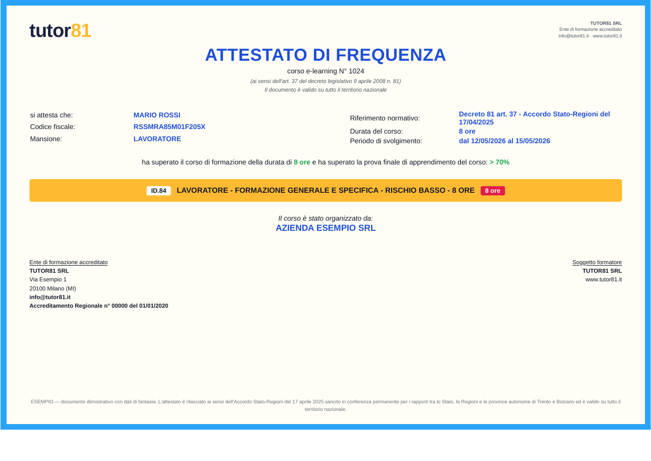 Attestato di frequenza Tutor81 — esempio